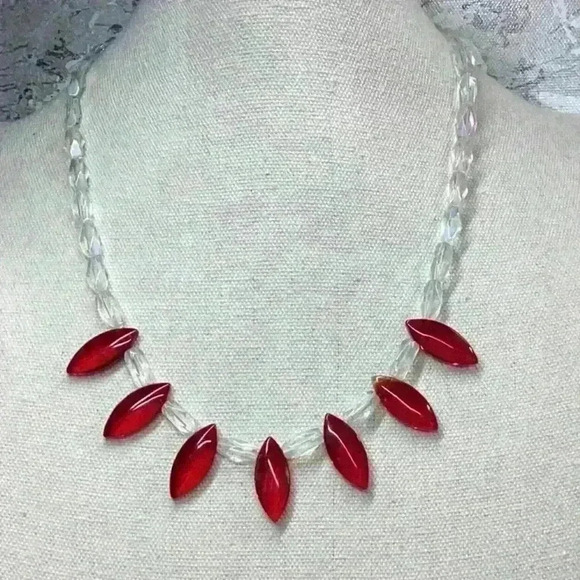 Vintage Jewelry - Vintage Glass Red and Clear Glass Bead Necklace